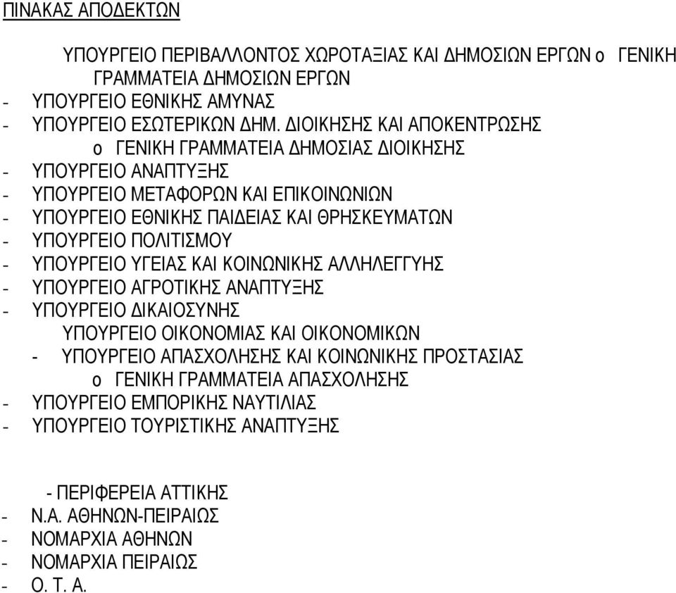 ΠΟΛΙΤΙΣΜΟΥ - ΥΠΟΥΡΓΕΙΟ ΥΓΕΙΑΣ ΚΑΙ ΚΟΙΝΩΝΙΚΗΣ ΑΛΛΗΛΕΓΓΥΗΣ - ΥΠΟΥΡΓΕΙΟ ΑΓΡΟΤΙΚΗΣ ΑΝΑΠΤΥΞΗΣ - ΥΠΟΥΡΓΕΙΟ ΙΚΑΙΟΣΥΝΗΣ ΥΠΟΥΡΓΕΙΟ ΟΙΚΟΝΟΜΙΑΣ ΚΑΙ ΟΙΚΟΝΟΜΙΚΩΝ - ΥΠΟΥΡΓΕΙΟ ΑΠΑΣΧΟΛΗΣΗΣ ΚΑΙ