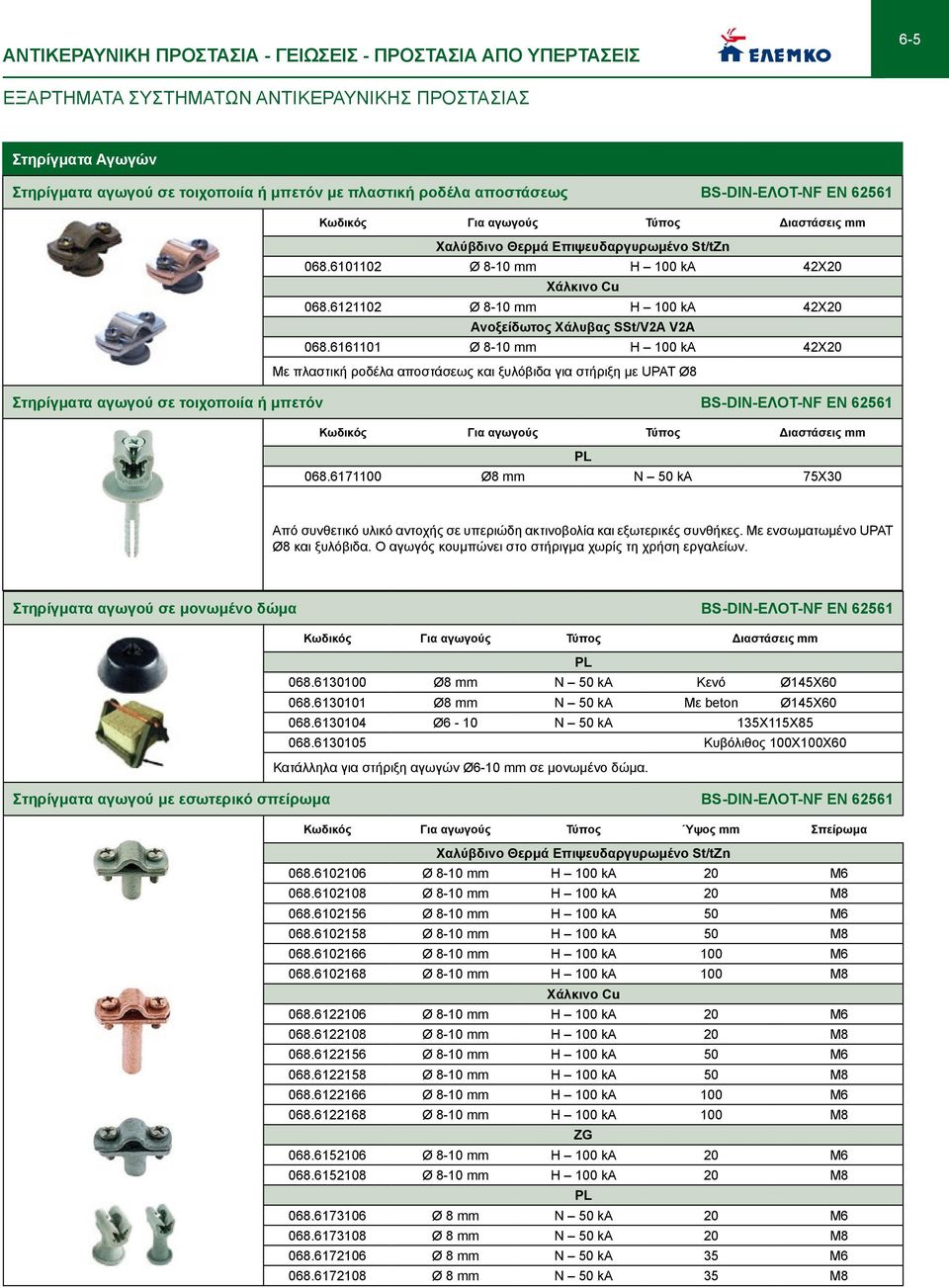 6161101 Ø 8-10 mm Η 100 ka 42Χ20 Με πλαστική ροδέλα αποστάσεως και ξυλόβιδα για στήριξη με UPAT Ø8 Στηρίγματα αγωγού σε τοιχοποιία ή μπετόν BS-DIN-ΕΛΟΤ-NF EN 62561 Για αγωγoύς Τύπος Διαστάσεις mm PL