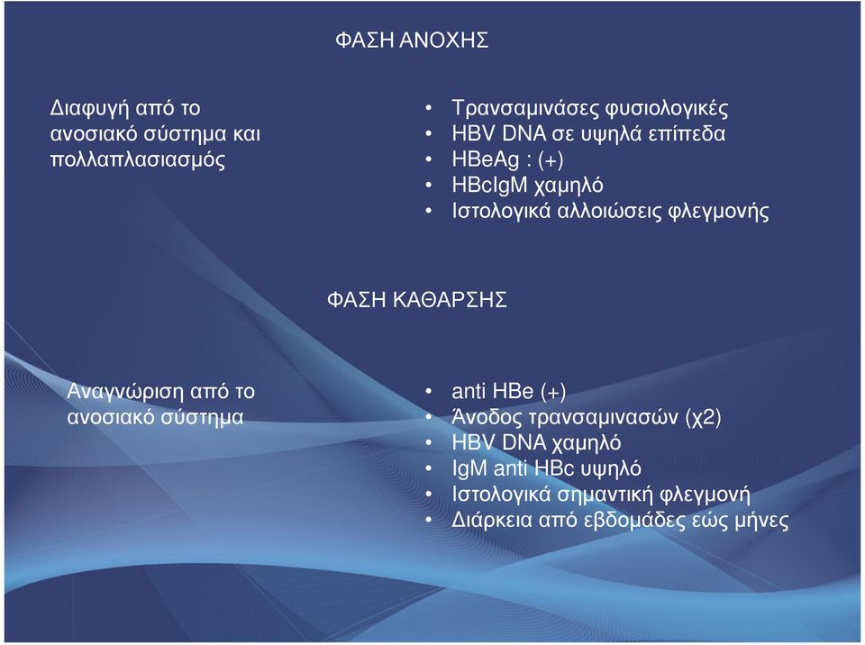 φλεγµονής ΦΑΣΗ ΚΑΘΑΡΣΗΣ Αναγνώριση από το ανοσιακό σύστηµα anti HBe (+) Άνοδος