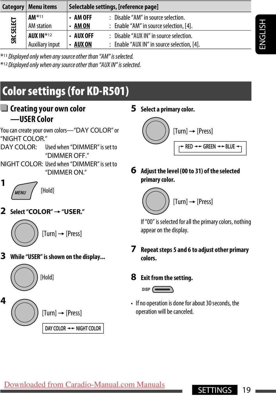 : Enable AUX IN in source selection, [4]. ENGLISH Color settings (for KD-R501) Creating your own color USER Color You can create your own colors DAY COLOR or NIGHT COLOR.