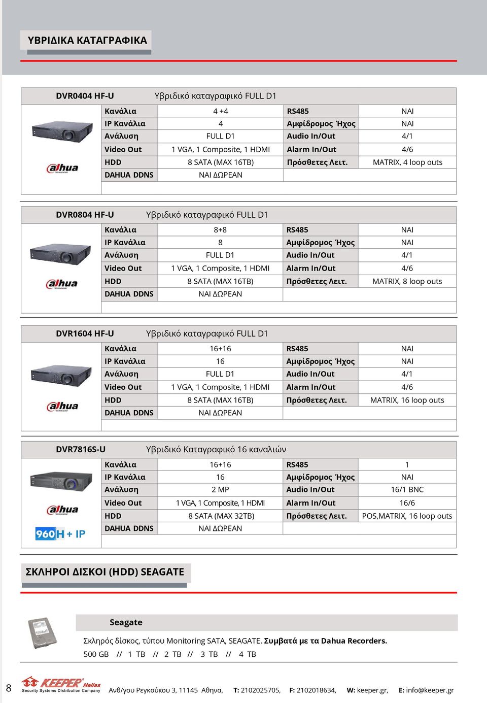 MATRIX, 4 loop outs DAHUA DDNS ΝΑΙ ΔΩΡΕΑΝ DVR0804 HF-U Υβριδικό καταγραφικό FULL D1 Κανάλια 8+8 RS485 ΝΑΙ IP Κανάλια 8 Αμφίδρομος Ήχος ΝΑΙ Ανάλυση FULL D1 Audio In/Out 4/1 Video Out 1 VGA, 1