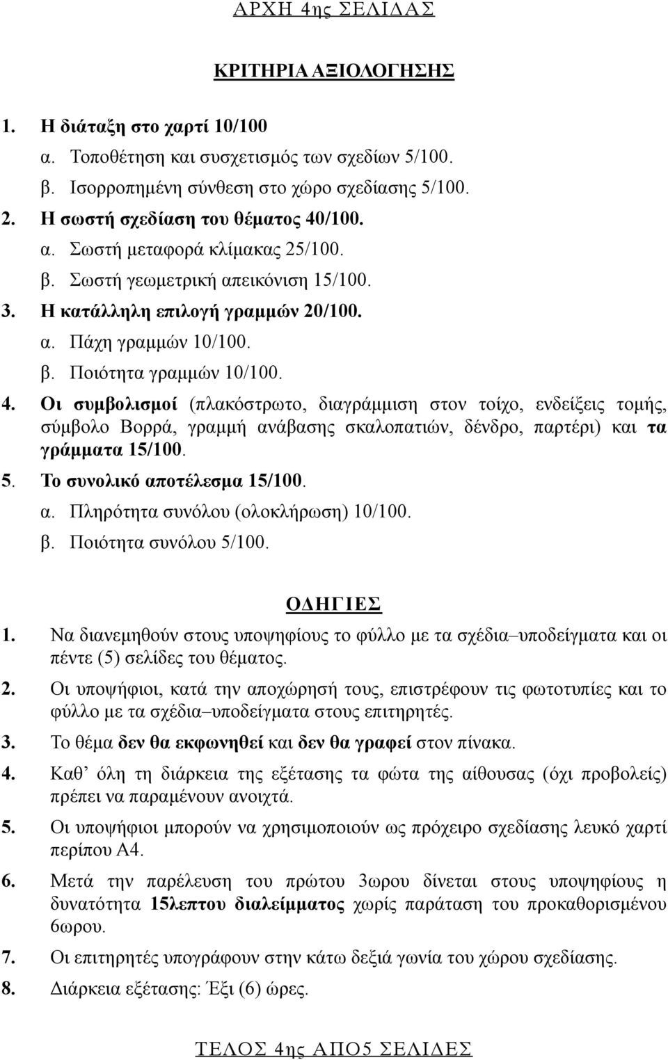 4. Οι συμβολισμοί (πλακόστρωτο, διαγράμμιση στον τοίχο, ενδείξεις τομής, σύμβολο Βορρά, γραμμή ανάβασης σκαλοπατιών, δένδρο, παρτέρι) και τα γράμματα 15/100. 5. Το συνολικό αποτέλεσμα 15/100. α. Πληρότητα συνόλου (ολοκλήρωση) 10/100.