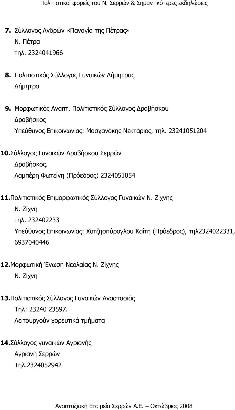 Λαµπέρη Φωτείνη (Πρόεδρος) 2324051054 11.Πολιτιστικός Επιµορφωτικός Σύλλογος Γυναικών Ν. Ζίχνης Ν. Ζίχνη τηλ.