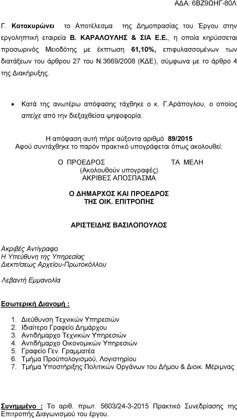 Κατά της ανωτέρω απόφασης τάχθηκε ο κ. Γ.Αράπογλου, ο οποίος απείχε από την διεξαχθείσα ψηφοφορία.