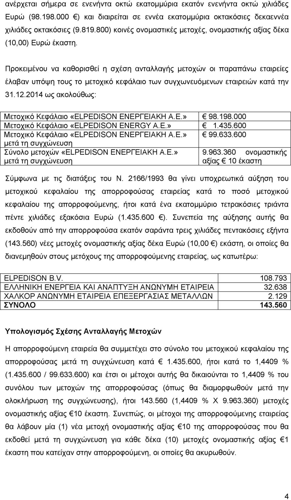 Προκειμένου να καθορισθεί η σχέση ανταλλαγής μετοχών οι παραπάνω εταιρείες έλαβαν υπόψη τους το μετοχικό κεφάλαιο των συγχωνευόμενων εταιρειών κατά την 31.12.