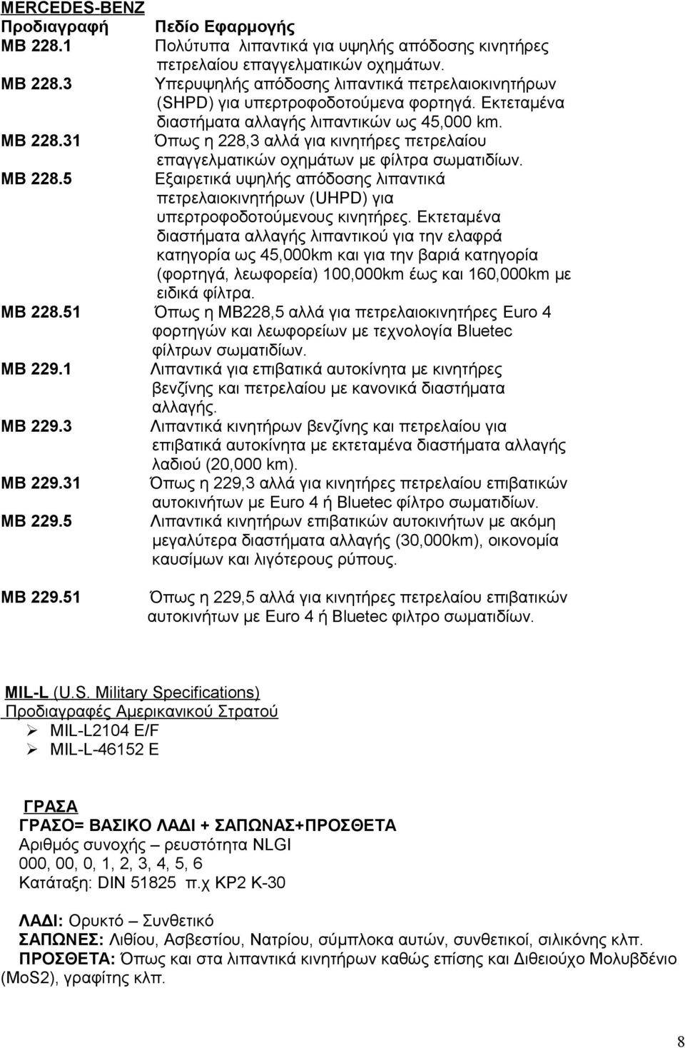 31 Όπως η 228,3 αλλά για κινητήρες πετρελαίου επαγγελματικών οχημάτων με φίλτρα σωματιδίων. ΜΒ 228.5 Εξαιρετικά υψηλής απόδοσης λιπαντικά πετρελαιοκινητήρων (UHPD) για υπερτροφοδοτούμενους κινητήρες.