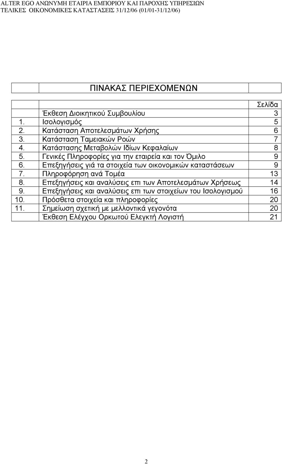 Επεξηγήσεις γιά τα στοιχεία των οικονομικών καταστάσεων 9 7. Πληροφόρηση ανά Τομέα 13 8.