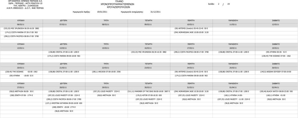 07:00-1562 20/03/11 21/03/11 22/03/11 23/03/11 24/03/11 25/03/11 26/03/11 (238,45) THE OCEANIC -02:00 1562 (285,1) ARCADIA 07:00-18:00 2556 (59) ARTEMIS (Ινσκέιπ) 05:45-23:45 50 E (140,5) AEGEAN