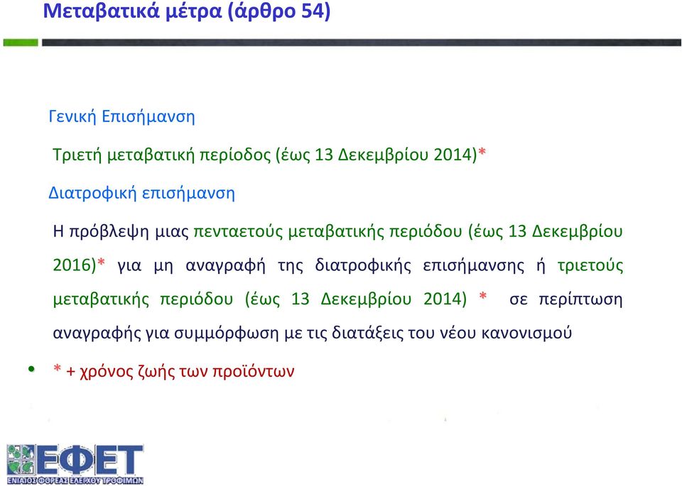 αναγραφή της διατροφικής επισήμανσης ή τριετούς μεταβατικής περιόδου (έως 13 Δεκεμβρίου 2014) * σε