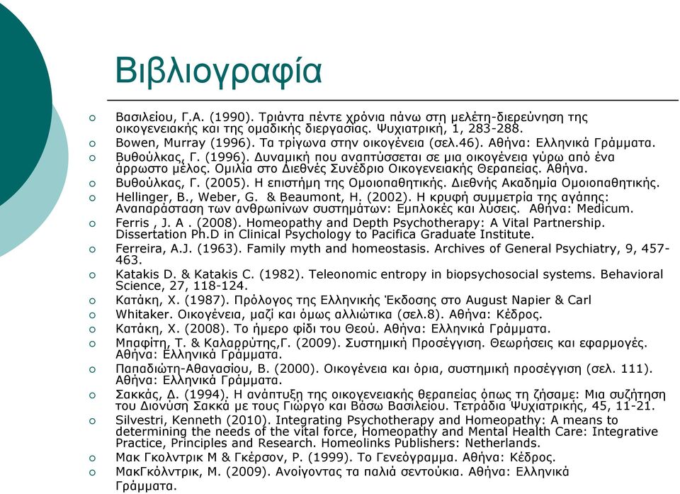 Ομιλία στο Διεθνές Συνέδριο Οικογενειακής Θεραπείας. Αθήνα. Βυθούλκας, Γ. (2005). Η επιστήμη της Ομοιοπαθητικής. Διεθνής Ακαδημία Ομοιοπαθητικής. Hellinger, B., Weber, G. & Beaumont, H. (2002).