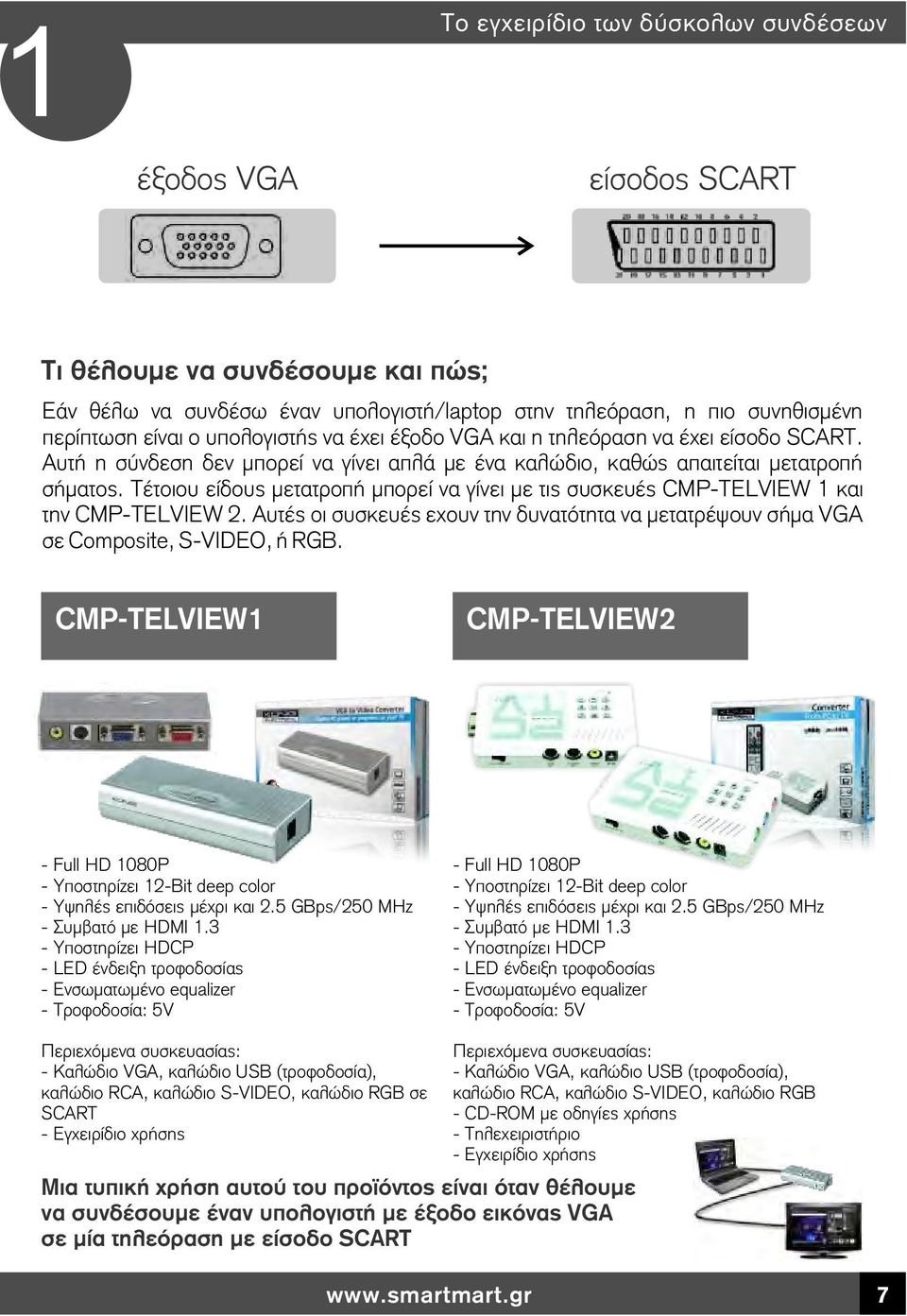 Τέτοιου είδους μετατροπή μπορεί να γίνει με τις συσκευές CMP-TELVIEW 1 και την CMP-TELVIEW 2. Αυτές οι συσκευές εχουν την δυνατότητα να μετατρέψουν σήμα VGA σε Composite, S-VIDEO, ή RGB.