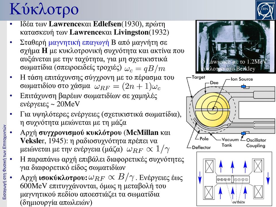 υψηλότερες ενέργειες (σχετικιστικά σωματίδια), η συχνότητα μειώνεται με τη μάζα Αρχή συγχρονισμού κυκλότρου (McMillan και Veksler, 1945): η ραδιοσυχνότητα πρέπει να μειώνεται με την ενέργεια (μάζα) Η