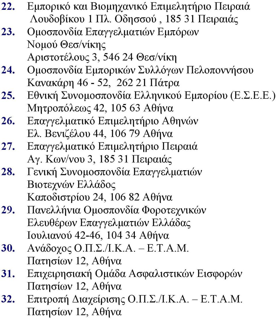 Βενιζέλου 44, 106 79 Αθήνα 27. Επαγγελματικό Επιμελητήριο Πειραιά Αγ. Κων/νου 3, 185 31 Πειραιάς 28. Γενική Συνομοσπονδία Επαγγελματιών Βιοτεχνών Ελλάδος Καποδιστρίου 24, 106 82 Αθήνα 29.