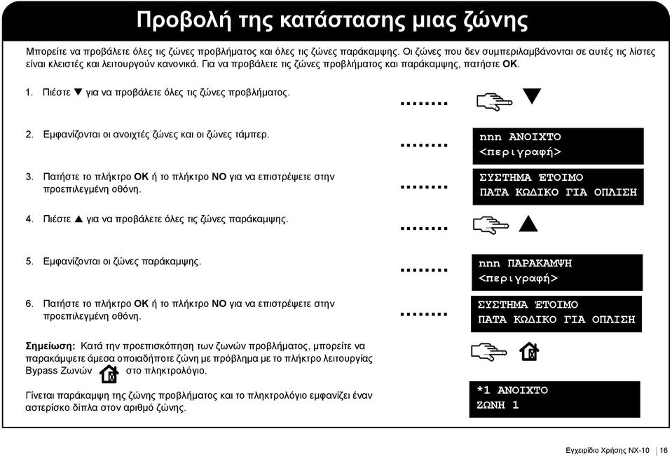 Πιέστε για να προβάλετε όλες τις ζώνες προβλήματος. 2. Εμφανίζονται οι ανοιχτές ζώνες και οι ζώνες τάμπερ. 3. Πατήστε το πλήκτρο ή το πλήκτρο NO για να επιστρέψετε στην προεπιλεγμένη οθόνη. 4.