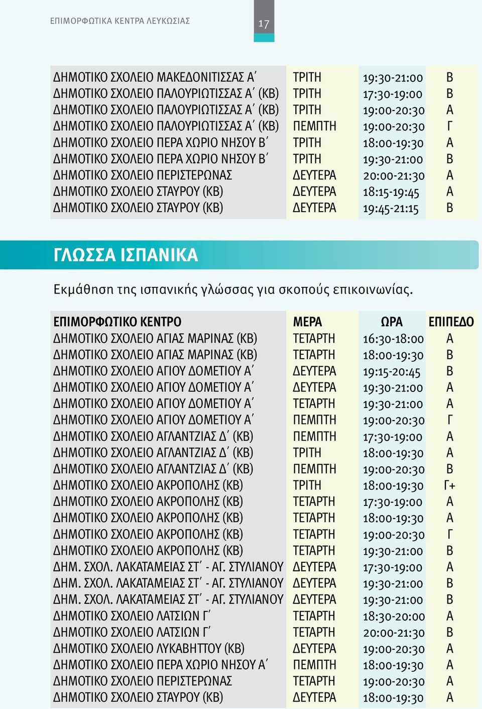 ΣΧΟΛΕΙΟ ΠΕΡΙΣΤΕΡΩΝΑΣ ΔΕΥΤΕΡΑ 20:00-21:30 Α ΔΗΜΟΤΙΚΟ ΣΧΟΛΕΙΟ ΣΤΑΥΡΟΥ (ΚΒ) ΔΕΥΤΕΡΑ 18:15-19:45 Α ΔΗΜΟΤΙΚΟ ΣΧΟΛΕΙΟ ΣΤΑΥΡΟΥ (ΚΒ) ΔΕΥΤΕΡΑ 19:45-21:15 Β ΓΛΩΣΣΑ ΙΣΠΑΝΙΚΑ Εκμάθηση της ισπανικής γλώσσας για