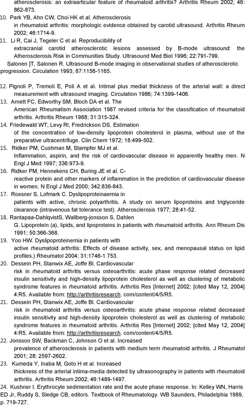 Reproducibility of extracranial carotid atherosclerotic lesions assessed by B-mode ultrasound: the Atherosclerosis Risk in Communities Study. Ultrasound Med Biol 1996; 22:791-799.