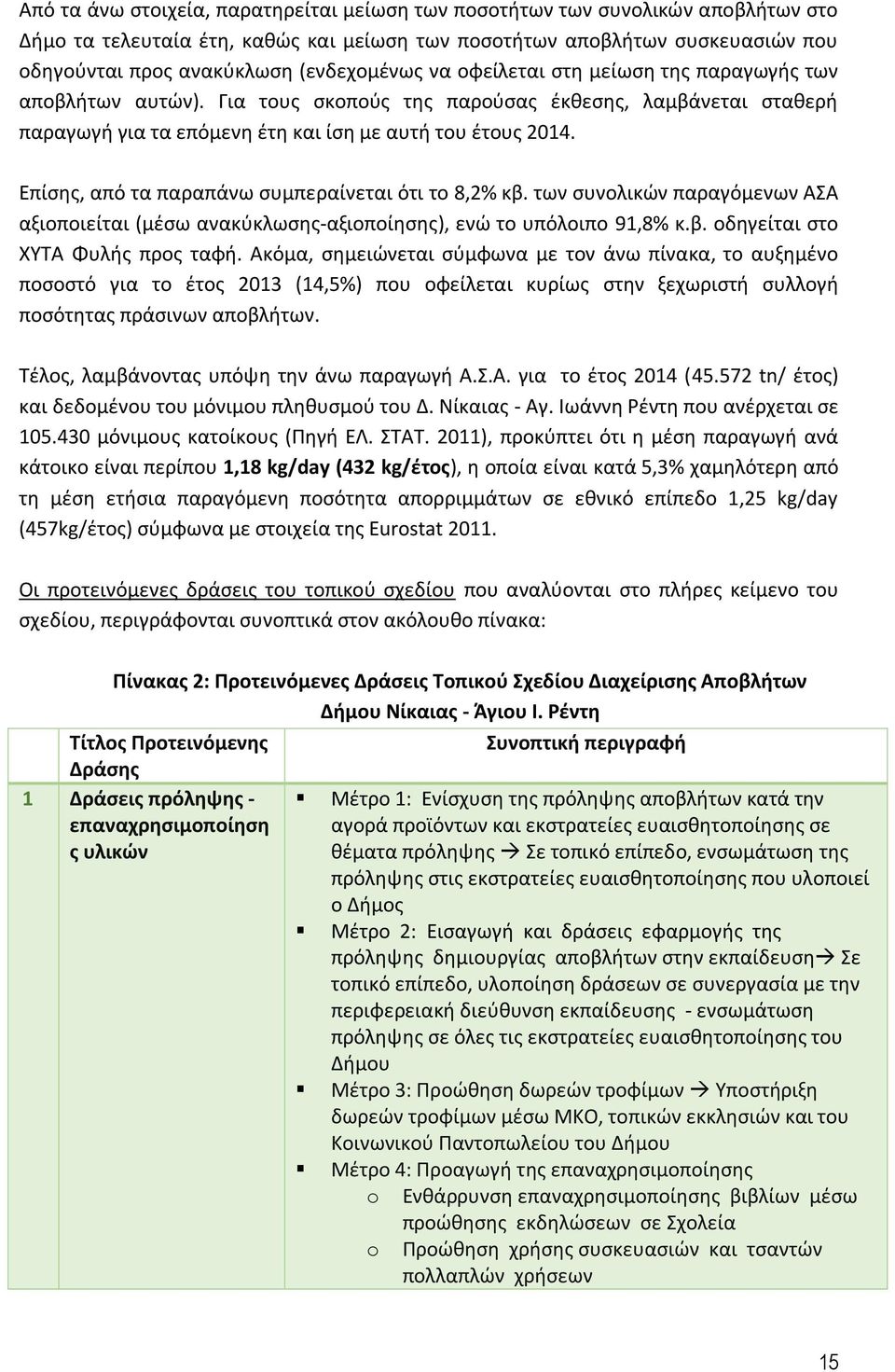 Επίσης, από τα παραπάνω συμπεραίνεται ότι το 8,2% κβ. των συνολικών παραγόμενων ΑΣΑ αξιοποιείται (μέσω ανακύκλωσης-αξιοποίησης), ενώ το υπόλοιπο 91,8% κ.β. οδηγείται στο ΧΥΤΑ Φυλής προς ταφή.