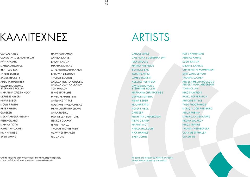 Μιχαήλ Καρίκης Χρυσάνθη Κουμιανάκη Erik Van Lieshout Thomas Locher Angela Melitopoulos & Angela OLGA Anderson Tom Molloy Νίκος Ναυρίδης Pavel Pepperstein Αντώνης Πίττας Θοδωρής Προδρομίδης Meriç
