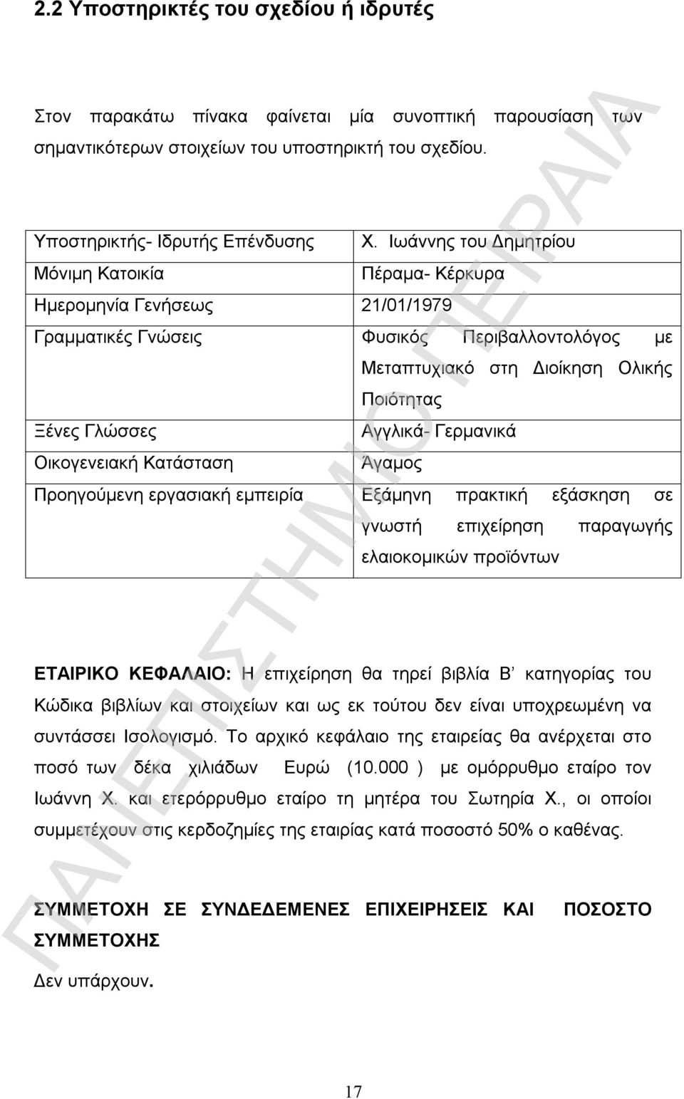 Ιωάννης του Δημητρίου Πέραμα- Κέρκυρα Ημερομηνία Γενήσεως 21/01/1979 Γραμματικές Γνώσεις Φυσικός Περιβαλλοντολόγος με Μεταπτυχιακό στη Διοίκηση Ολικής Ποιότητας Ξένες Γλώσσες Οικογενειακή Κατάσταση