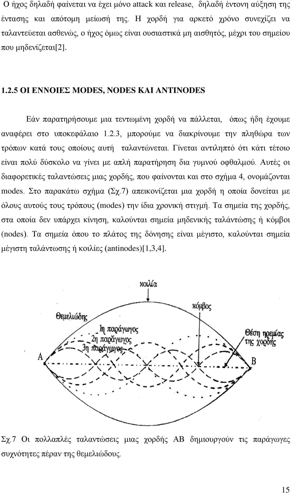 . 1.2.5 ΟΙ ΕΝΝΟΙΕΣ MODES, NODES KAI ANTINODES Εάν παρατηρήσουμε μια τεντωμένη χορδή να πάλλεται, όπως ήδη έχουμε αναφέρει στο υποκεφάλαιο 1.2.3, μπορούμε να διακρίνουμε την πληθώρα των τρόπων κατά τους οποίους αυτή ταλαντώνεται.