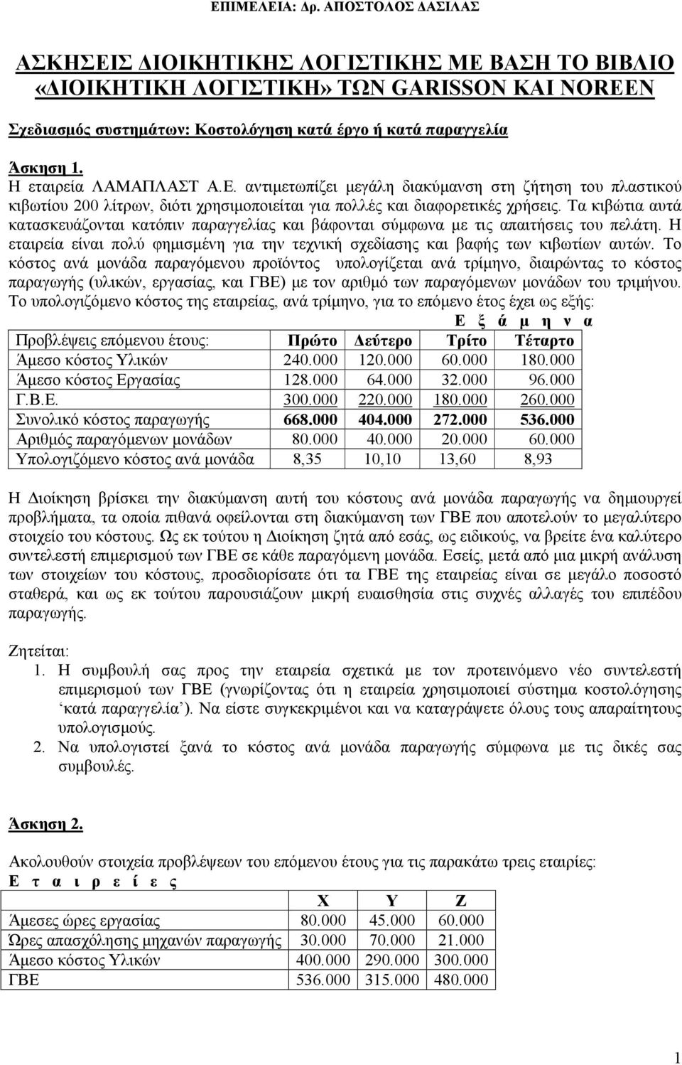 Το κόστος ανά µονάδα παραγόµενου προϊόντος υπολογίζεται ανά τρίµηνο, διαιρώντας το κόστος παραγωγής (υλικών, εργασίας, και ΓΒΕ) µε τον αριθµό των παραγόµενων µονάδων του τριµήνου.