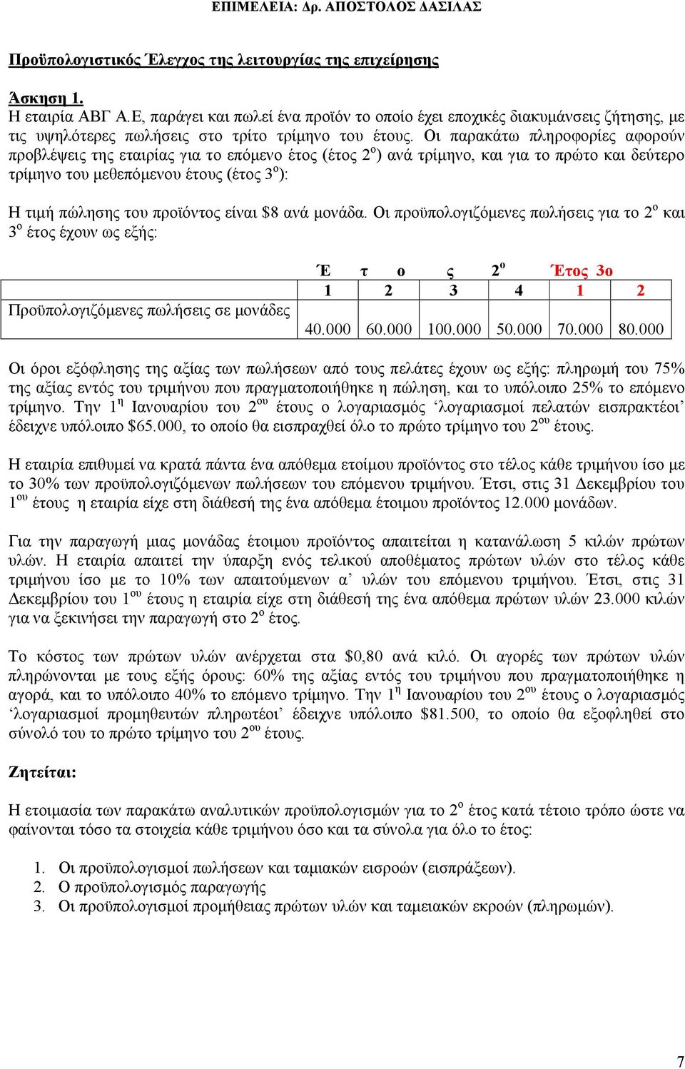 Οι παρακάτω πληροφορίες αφορούν προβλέψεις της εταιρίας για το επόµενο έτος (έτος 2 ο ) ανά τρίµηνο, και για το πρώτο και δεύτερο τρίµηνο του µεθεπόµενου έτους (έτος 3 ο ): Η τιµή πώλησης του