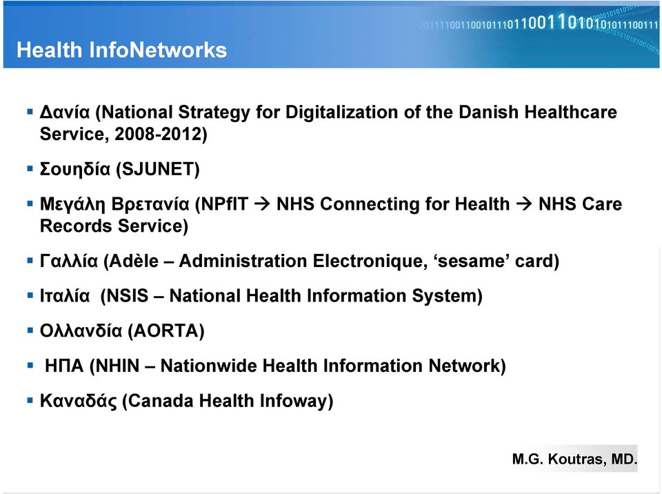 Service) Γαλλία (Adèle Administration Electronique, sesame card) Ιταλία (NSIS National Health