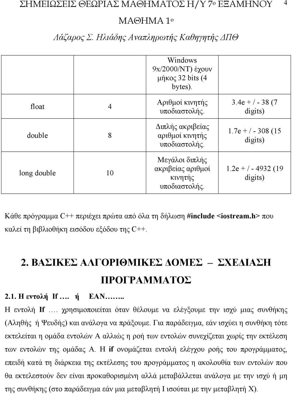 2e + / - 4932 (19 digits) Κάθε πρόγραµµα C++ περιέχει πρώτα από όλα τη δήλωση #include <iostream.h> που καλεί τη βιβλιοθήκη εισόδου εξόδου της C++. 2.