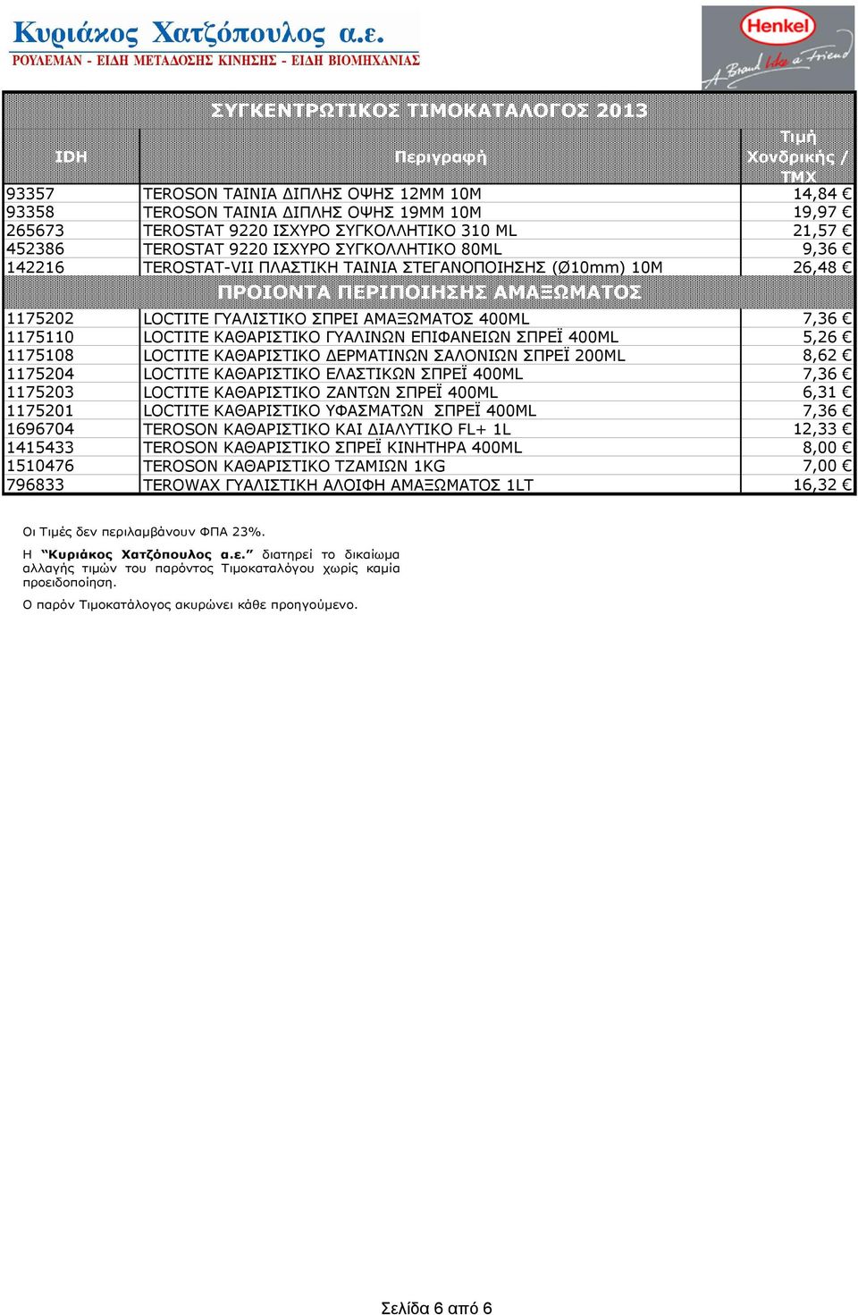 ΕΠΙΦΑΝΕΙΩΝ ΣΠΡΕΪ 400ΜL 5,26 1175108 LOCTITE ΚΑΘΑΡΙΣΤΙΚΟ ΔΕΡΜΑΤΙΝΩΝ ΣΑΛΟΝΙΩΝ ΣΠΡΕΪ 200ΜL 8,62 1175204 LOCTITE ΚΑΘΑΡΙΣΤΙΚΟ ΕΛΑΣΤΙΚΩΝ ΣΠΡΕΪ 400ΜL 7,36 1175203 LOCTITE ΚΑΘΑΡΙΣΤΙΚΟ ΖΑΝΤΩΝ ΣΠΡΕΪ 400ΜL 6,31