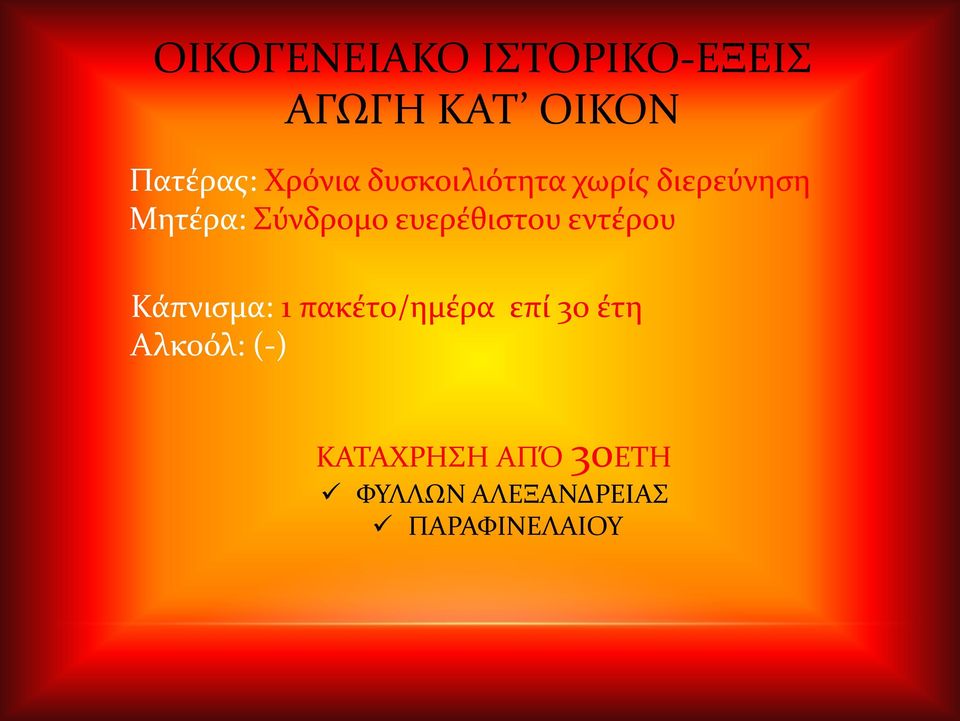 ευερέθιστου εντέρου Κάπνισμα: 1 πακέτο/ημέρα επί 30 έτη