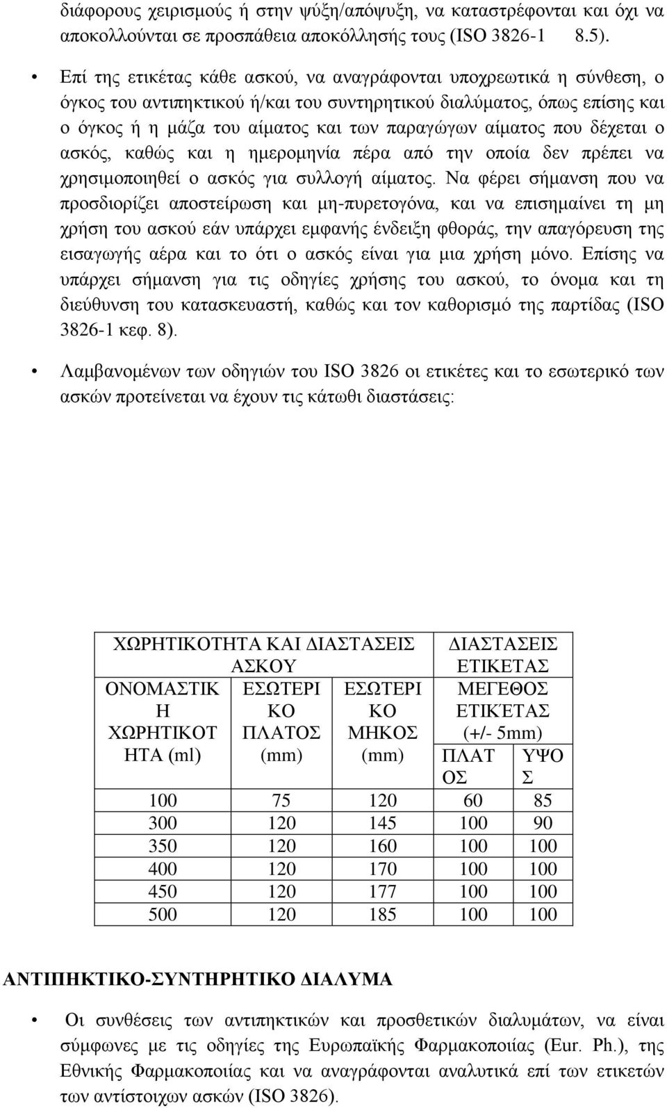 που δέχεται ο ασκός, καθώς και η ημερομηνία πέρα από την οποία δεν πρέπει να χρησιμοποιηθεί ο ασκός για συλλογή αίματος.