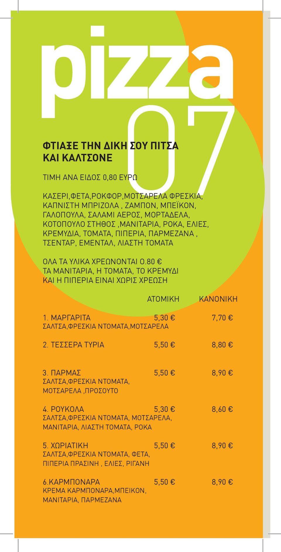80 ΤΑ ΜΑΝΙΤΑΡΙΑ, Η ΤΟΜΑΤΑ, ΤΟ ΚΡΕΜΥΔΙ ΚΑΙ Η ΠΙΠΕΡΙΑ ΕIΝΑΙ ΧΩΡΙΣ ΧΡΕΩΣΗ ΑΤΟΜΙΚΗ ΚΑΝΟΝΙΚΗ 1. ΜΑΡΓΑΡΙΤΑ 5,30 7,70 ΣΑΛΤΣΑ,ΦΡΕΣΚΙΑ ΝΤΟΜΑΤΑ,ΜΟΤΣΑΡΕΛΑ 2. ΤΕΣΣΕΡΑ ΤΥΡΙΑ 5,50 8,80 3.