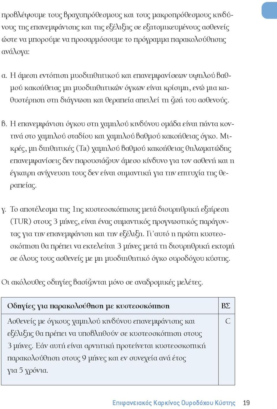 β. Η επανεμφάνιση όγκου στη χαμηλού κινδύνου ομάδα είναι πάντα κοντινά στο χαμηλού σταδίου και χαμηλού βαθμού κακοήθειας όγκο.