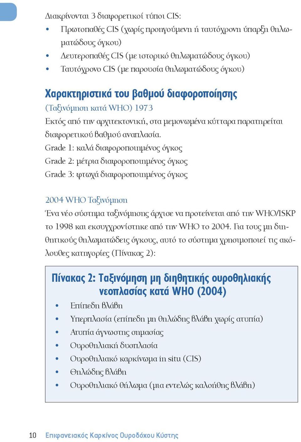 Grade 1: καλά διαφοροποιημένος όγκος Grade 2: μέτρια διαφοροποιημένος όγκος Grade 3: φτωχά διαφοροποιημένος όγκος 2004 WHO Tαξινόμηση Ένα νέο σύστημα ταξινόμησης άρχισε να προτείνεται από την