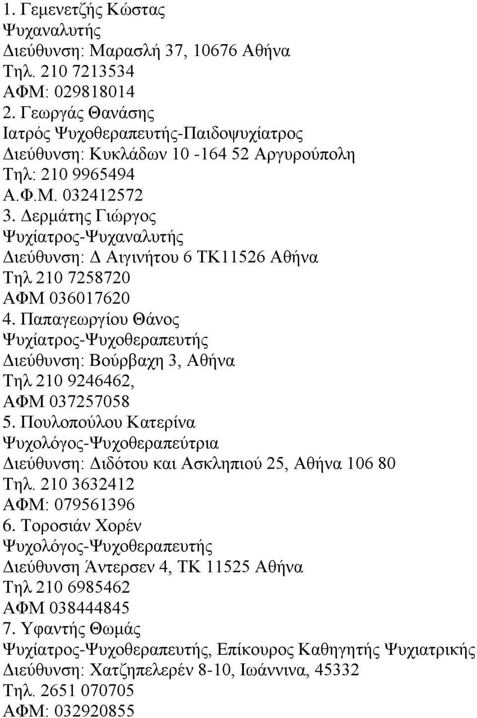 Δερμάτης Γιώργος Ψυχίατρος-Ψυχαναλυτής Διεύθυνση: Δ Αιγινήτου 6 ΤΚ11526 Αθήνα Τηλ 210 7258720 ΑΦΜ 036017620 4.