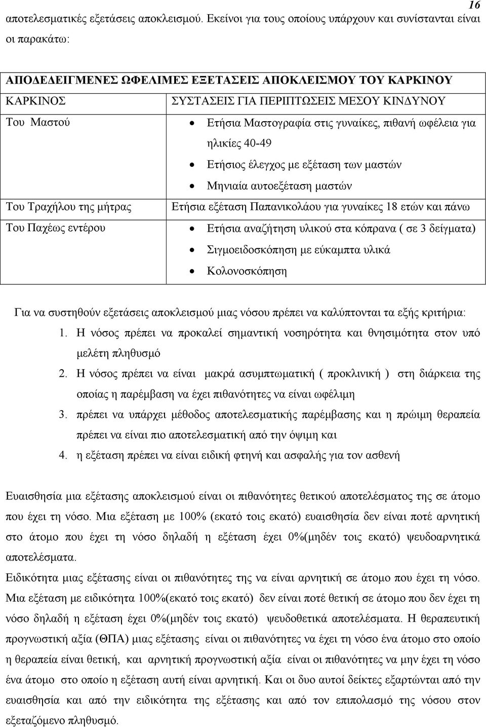 Μαστογραφία στις γυναίκες, πιθανή ωφέλεια για ηλικίες 40-49 Ετήσιος έλεγχος µε εξέταση των µαστών Μηνιαία αυτοεξέταση µαστών Του Τραχήλου της µήτρας Ετήσια εξέταση Παπανικολάου για γυναίκες 18 ετών