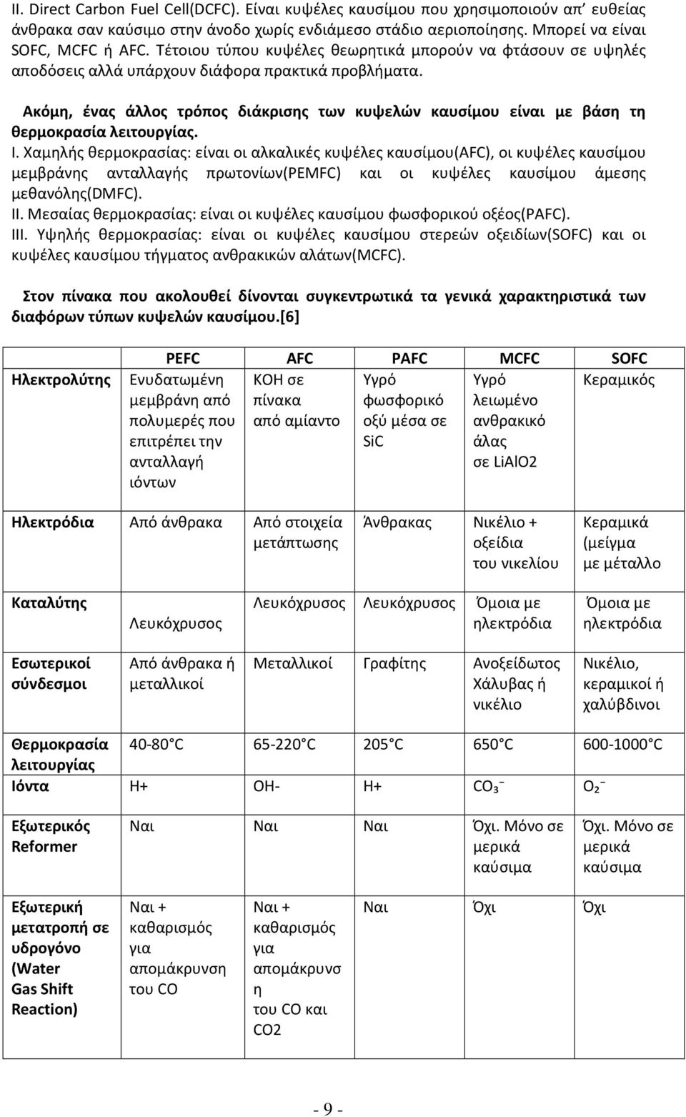 Ακόμη, ένας άλλος τρόπος διάκρισης των κυψελών καυσίμου είναι με βάση τη θερμοκρασία λειτουργίας. I.