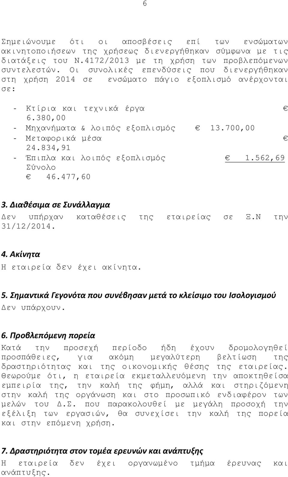 834,91 - Έπιπλα και λοιπός εξοπλισµός 1.562,69 Σύνολο 46.477,60 3. Διαθέσιμα σε Συνάλλαγμα εν υπήρχαν καταθέσεις της εταιρείας σε Ξ.Ν την 31/12/2014. 4. Ακίνητα Η εταιρεία δεν έχει ακίνητα. 5.