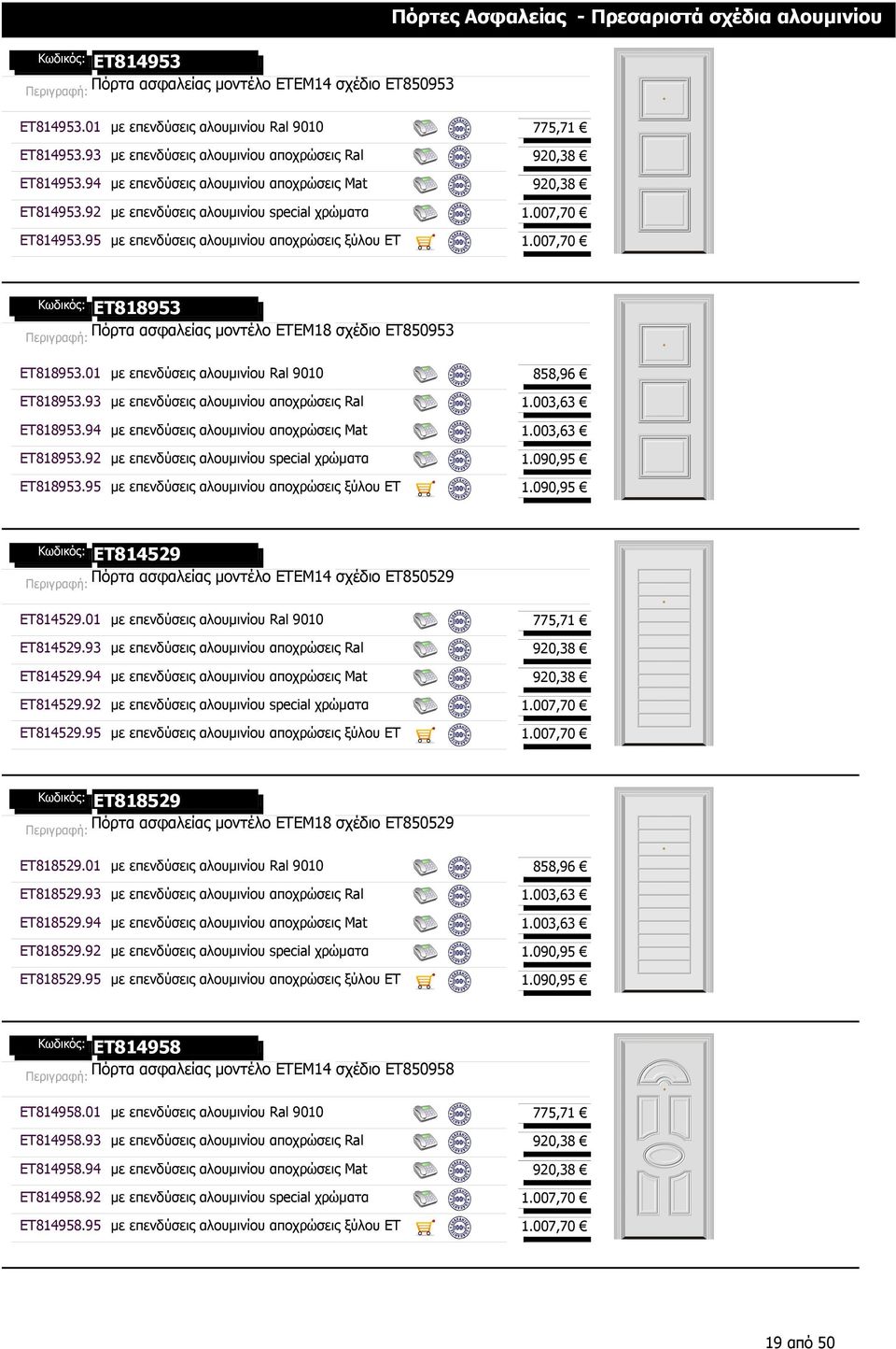 007,70 Πόρτες Ασφαλείας - Πρεσαριστά σχέδια αλουµινίου ET818953 Πόρτα ασφαλείας µοντέλο ETEM18 σχέδιο ET850953 ET818953.01 µε επενδύσεις αλουµινίου Ral 9010 858,96 ET818953.
