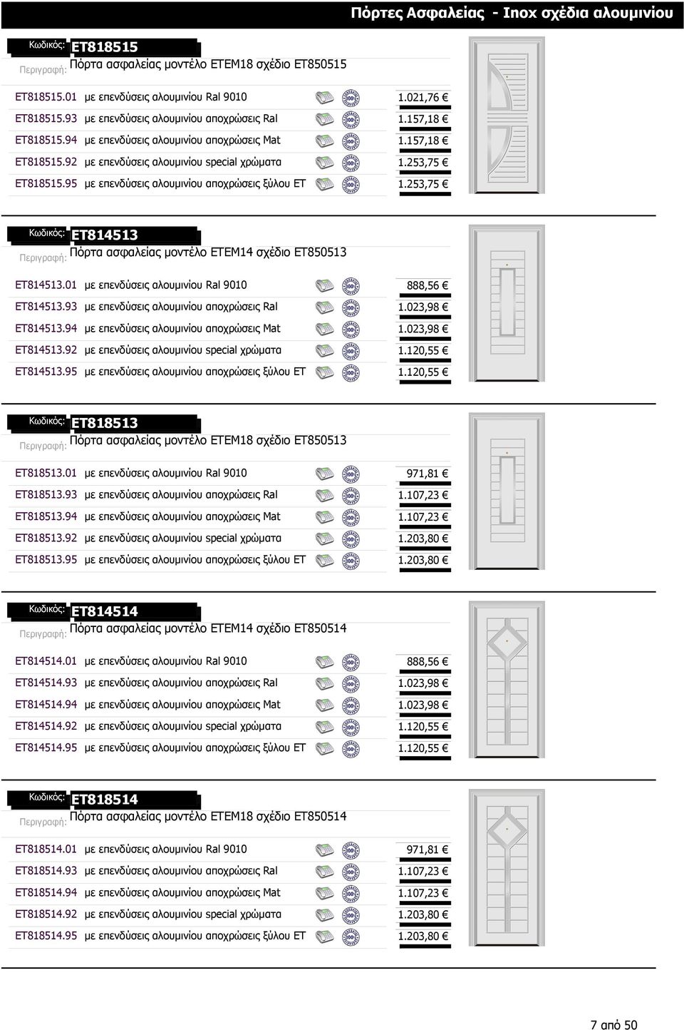 95 µε επενδύσεις αλουµινίου αποχρώσεις ξύλου ΕΤ 1.253,75 ET814513 Πόρτα ασφαλείας µοντέλο ETEM14 σχέδιο ET850513 ET814513.01 µε επενδύσεις αλουµινίου Ral 9010 888,56 ET814513.