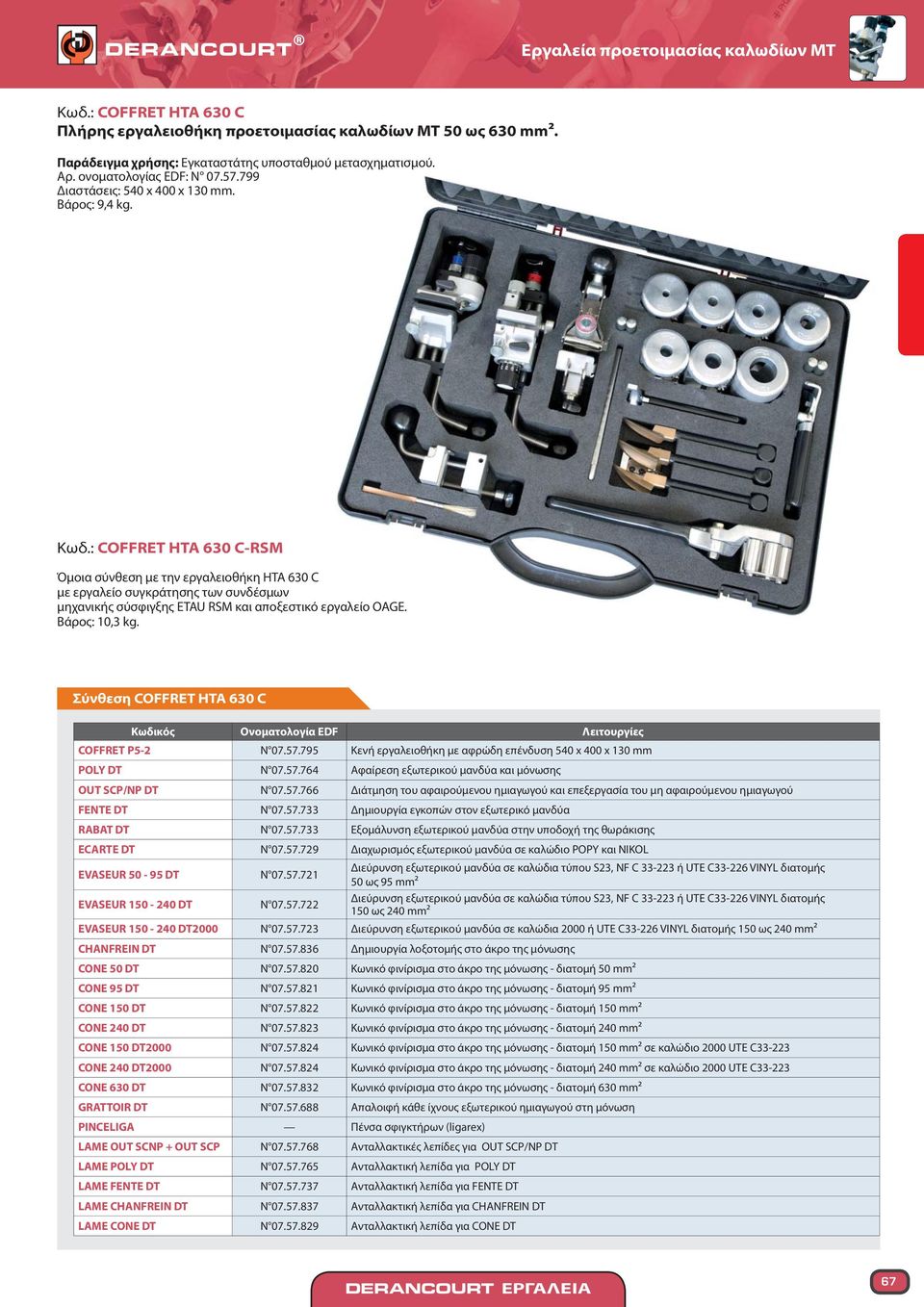 : COFFRET HTA 630 C-RSM Όμοια σύνθεση με την εργαλειοθήκη HTA 630 C με εργαλείο συγκράτησης των συνδέσμων μηχανικής σύσφιγξης ETAU RSM και αποξεστικό εργαλείο OAGE. Βάρος: 10,3 kg.