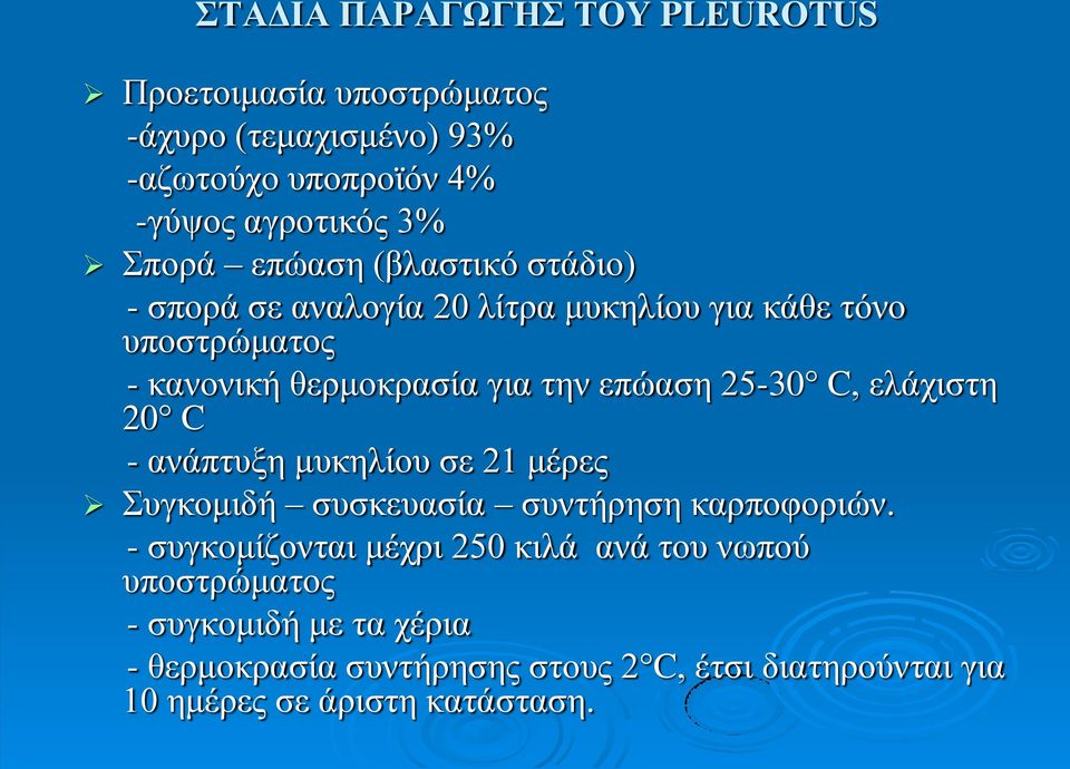 25-30 C, ελάχιστη 20 C - ανάπτυξη μυκηλίου σε 21 μέρες Συγκομιδή συσκευασία συντήρηση καρποφοριών.