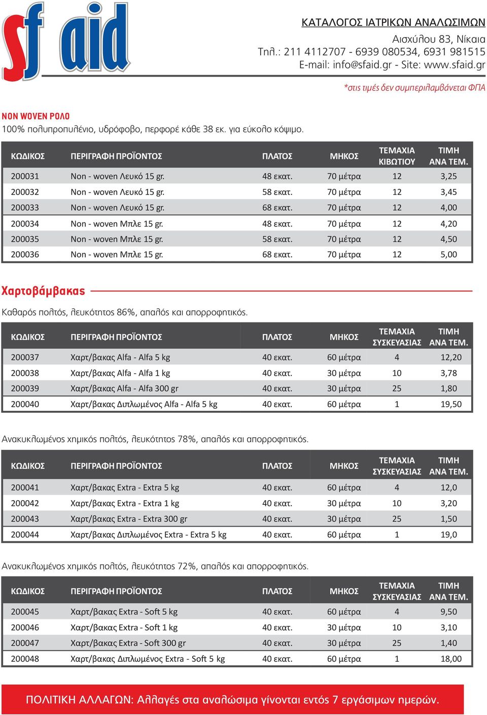 70 μέτρα 12 4,50 200036 Non - woven Μπλε 15 gr. 68 εκατ. 70 μέτρα 12 5,00 Χαρτοβάμβακας Καθαρός πολτός, λευκότητος 86%, απαλός και απορροφητικός. 200037 Χαρτ/βακας Alfa - Alfa 5 kg 40 εκατ.