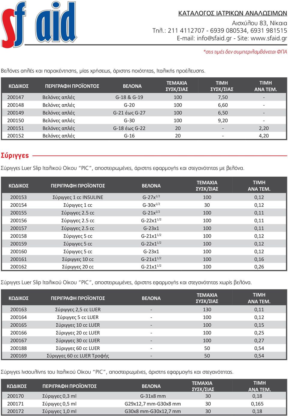 20-2,20 200152 Βελόνες απλές G-16 20-4,20 Σύριγγες Σύριγγες Luer Slip Ιταλικού Οίκου PIC, αποστειρωμένες, άριστης εφαρμογής και στεγανότητας με βελόνα.