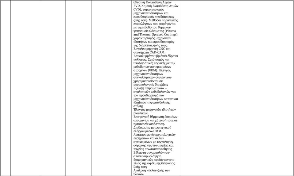 τους. Εργαλειομηχανές CNC και συστήματα CAD-CAM. Επικαλυμμένα υβριδικά έδρανα κυλίσεως. Σχεδιασμός και υπολογιστικές τεχνικές με την μέθοδο των πεπερασμένων στοιχείων (FEM).