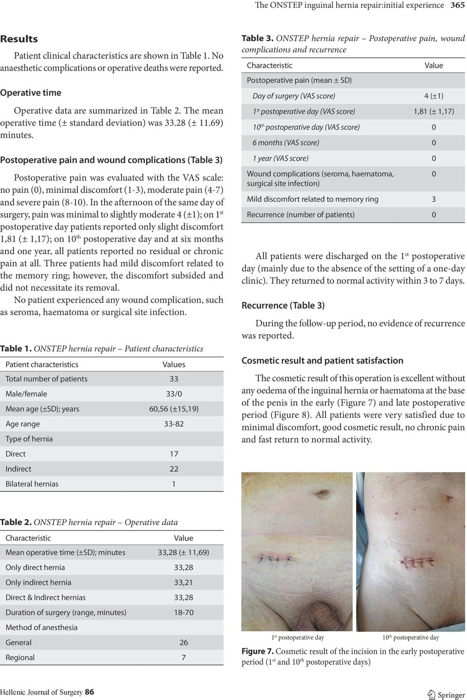 Postoperative pain and wound complications (Table 3) Postoperative pain was evaluated with the VAS scale: no pain (0), minimal discomfort (1-3), moderate pain (4-7) and severe pain (8-10).