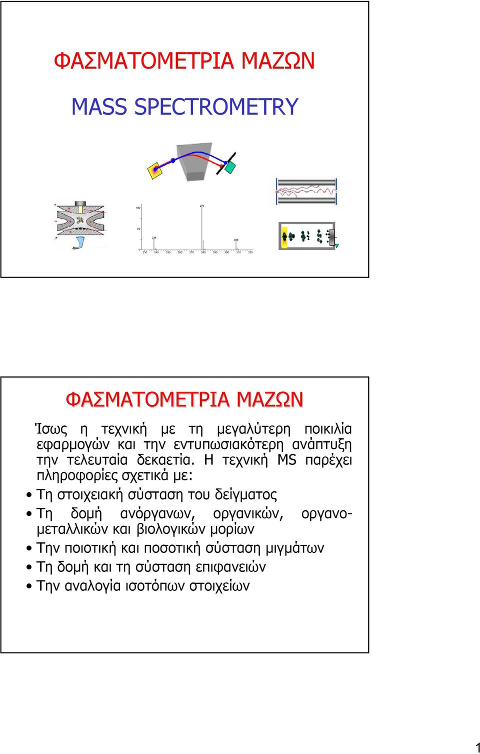 Η τεχνική MS παρέχει πληροφορίες σχετικά με: Τη στοιχειακή σύσταση του δείγματος Τη δομή ανόργανων, οργανικών,