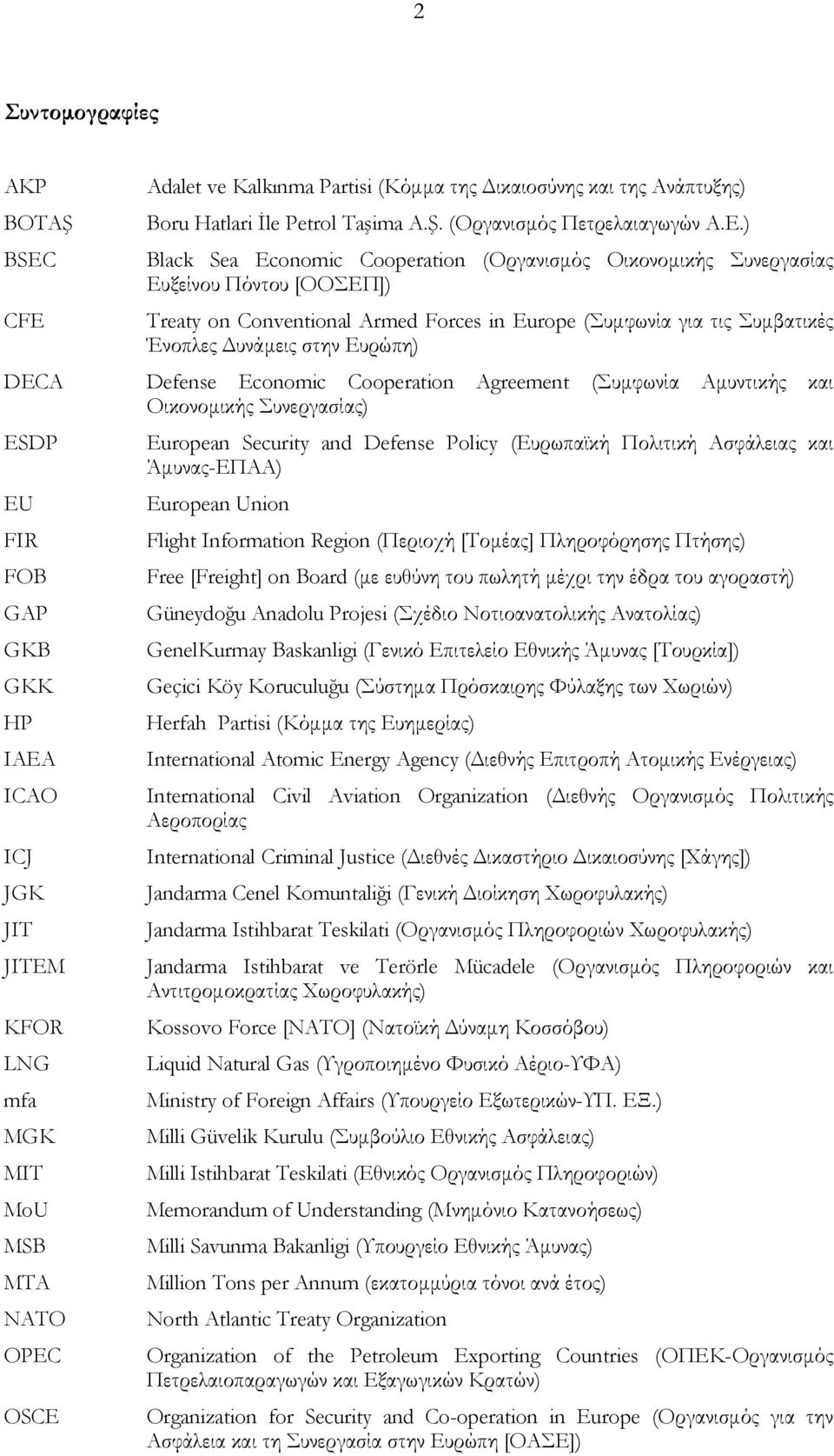 DECA Defense Economic Cooperation Agreement (Συμφωνία Αμυντικής και Οικονομικής Συνεργασίας) ESDP EU FIR FOB GAP GKB GKK HP ΙΑΕΑ ICAO ICJ JGK JIT JITEM KFOR LNG mfa MGK MIT MoU MSB MTA NATO OPEC OSCE