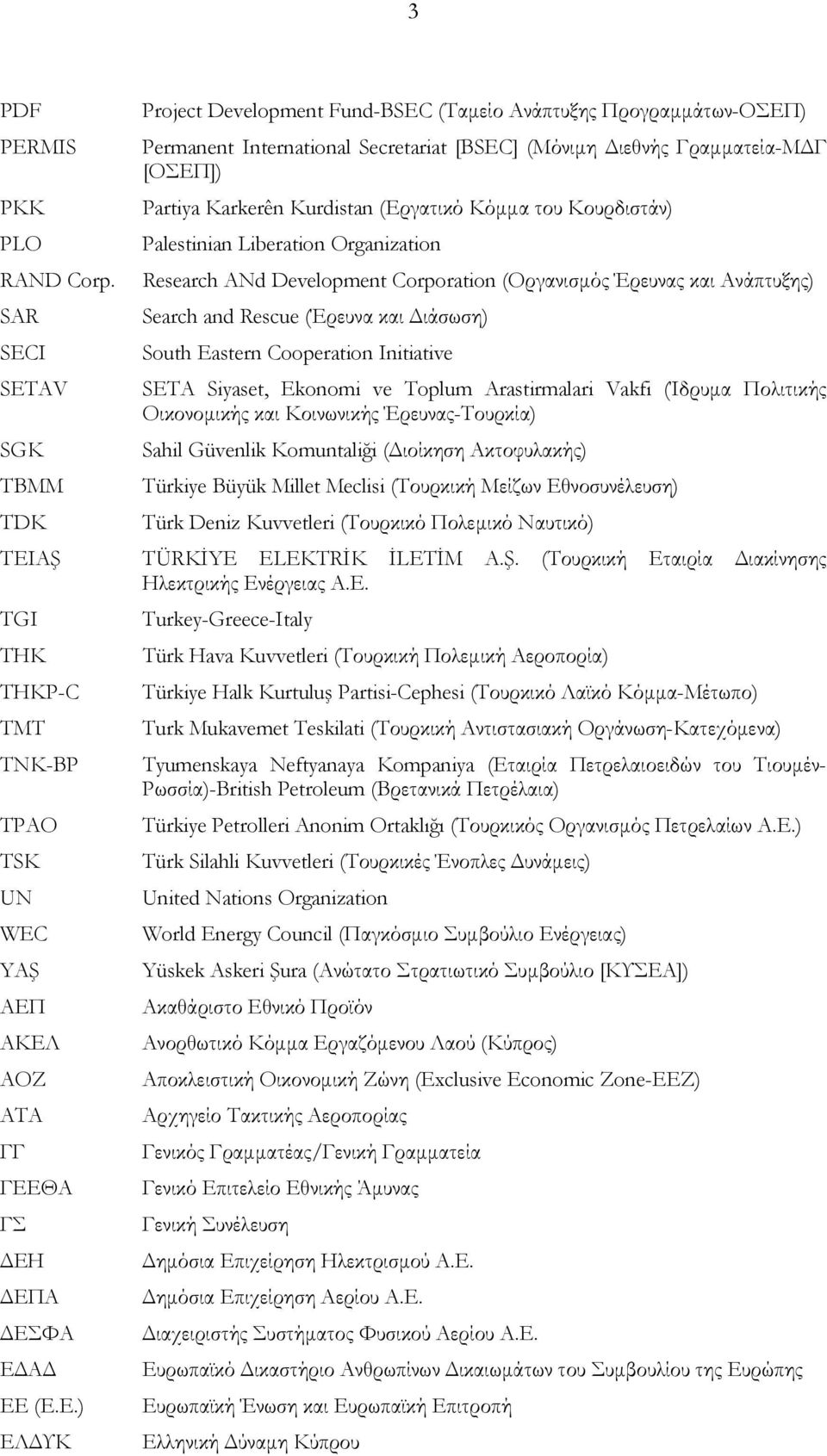 Kurdistan (Εργατικό Κόμμα του Κουρδιστάν) Palestinian Liberation Organization Research ANd Development Corporation (Οργανισμός Έρευνας και Ανάπτυξης) Search and Rescue (Έρευνα και Διάσωση) South