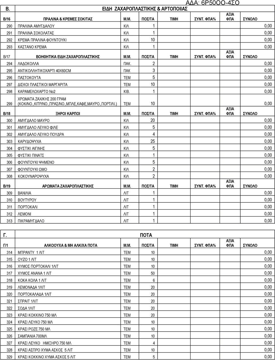 ΦΠΑ% ΑΞΙΑ ΦΠΑ ΣΥΝΟΛΟ 294 ΛΑΔΟΚΟΛΛΑ ΠΑΚ. 2 0,00 295 ΑΝΤΙΚΟΛΛΗΤΙΚΟΧΑΡΤΙ 40Χ60CM ΠΑΚ 3 0,00 296 ΠΑΣΤΟΚΟΥΤΑ ΤΕΜ 5 0,00 297 ΔΙΣΚΟΙ ΠΛΑΣΤΙΚΟΙ ΜΑΡΓΑΡΙΤΑ TEM 10 0,00 298 ΚΑΡΑΜΕΛΟΧΑΡΤΟ Νο2 KIB.